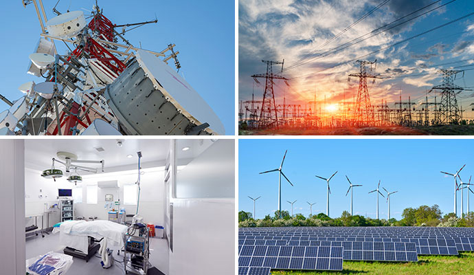 Collage of telecom data, hospital room, utility power and renewable energy
