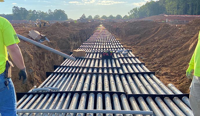Duct bank conduit spacers organizing multiple pipes in a trench.