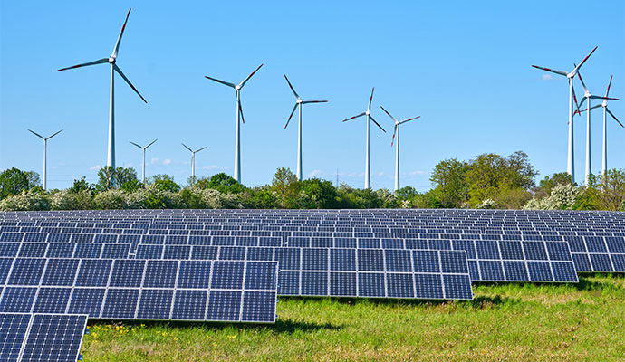 Solar panel array and wind turbine farm