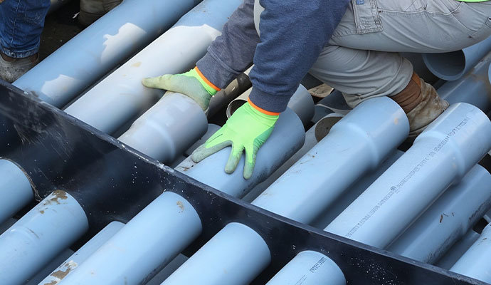Worker positioning conduit spacers around PVC pipes for trenchless boring installation