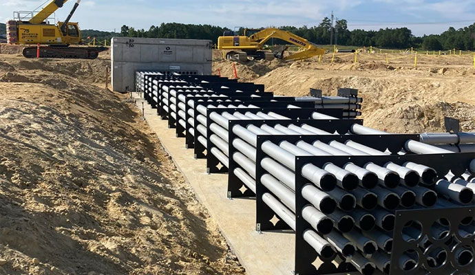 Construction site showing an underground utility duct bank installation with multiple conduit pipes.